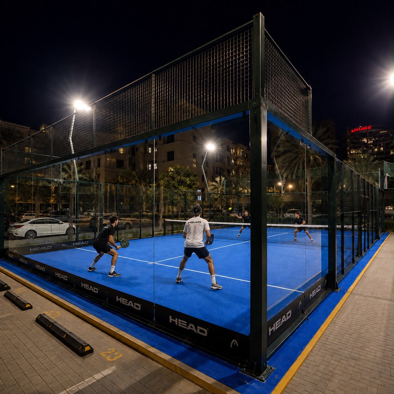 The floodlit glass padel court at Smash Tribe, JA The Manor Hotel, Al Furjan, seen at night