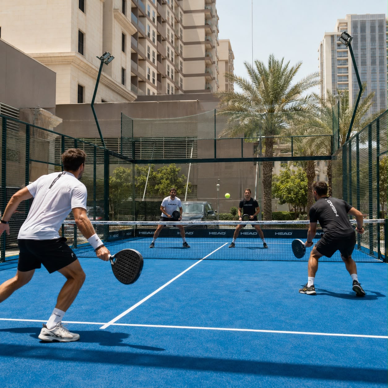 A doubles match under the floodlights at Smash Tribe