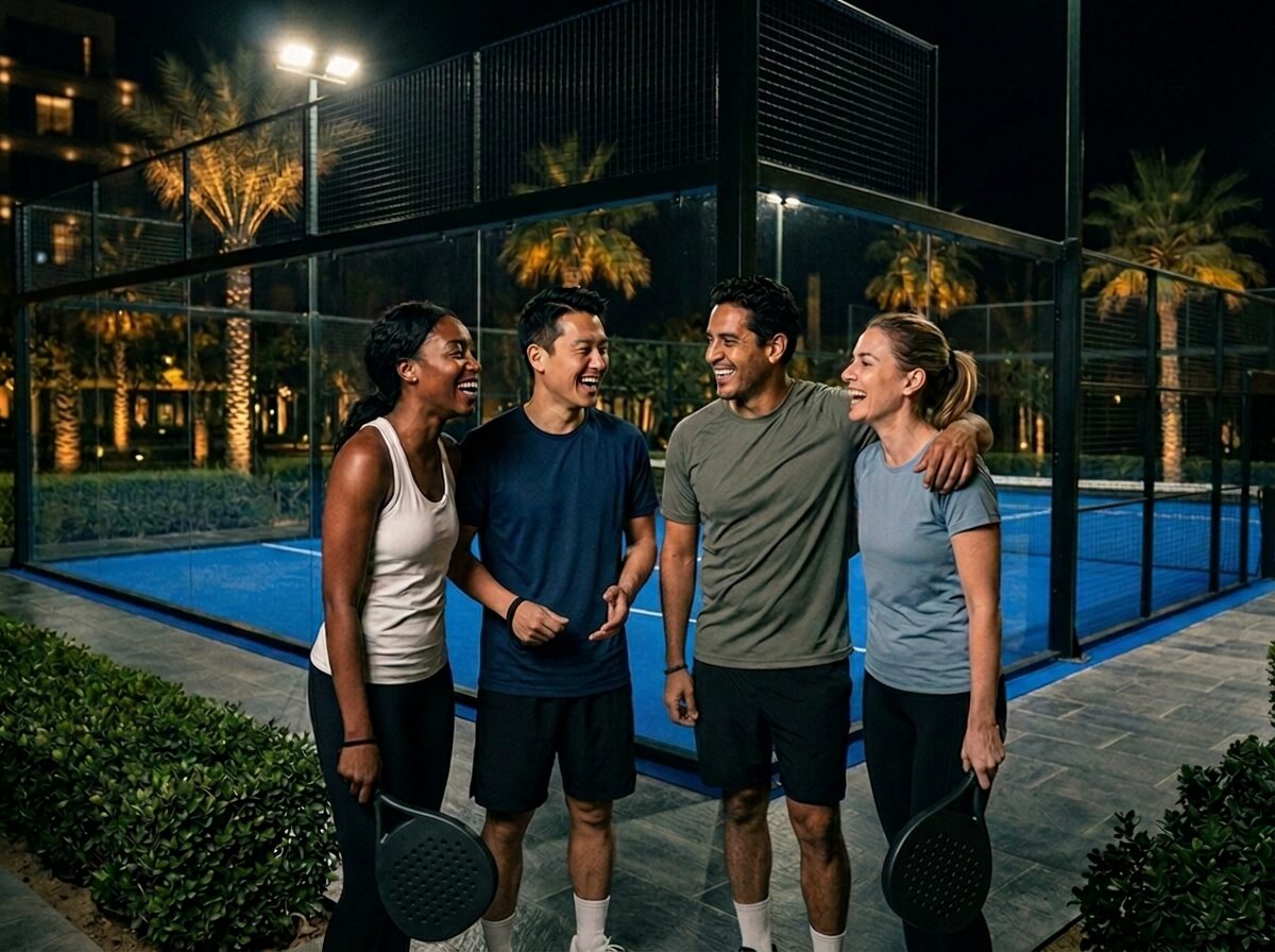 Smash Tribe players laughing together beside the glass court after an evening Americano in Al Furjan, Dubai
